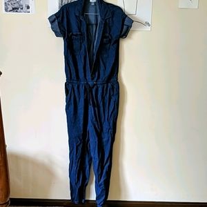 Blue faux denim jumpsuit-short sleeve TALL
